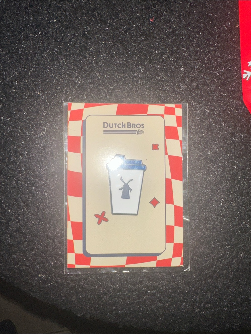Dutch Bros Cream & Red Coffee Cup Pin with Navy Accent
